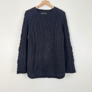 Abercrombie & Fitch Mens L Navy‎ Blue Cable Knit Fisherman Sweater Ramie Cotton
